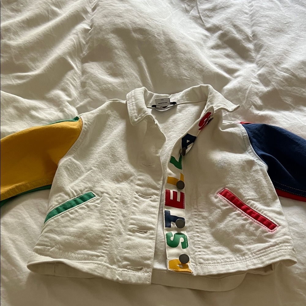 Stella McCartney Kids White Jean Jacket with Multicolor Sleeves